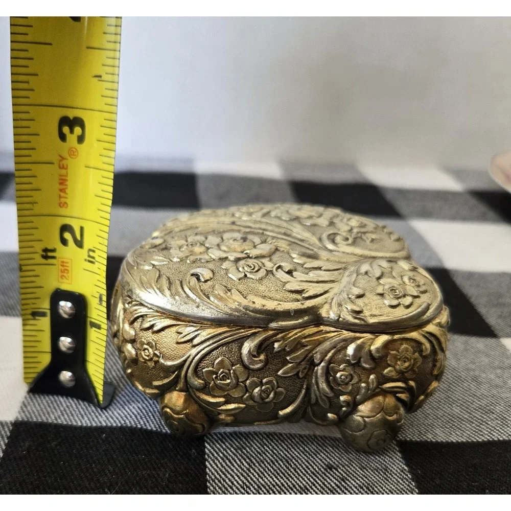 Silver Tone Hinged Trinket Jewelry Box Red Felt Lined Rose Pattern Made in Japan